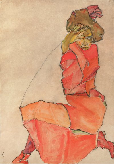 Kniende Frau im orange-roten Kleid von Egon Schiele